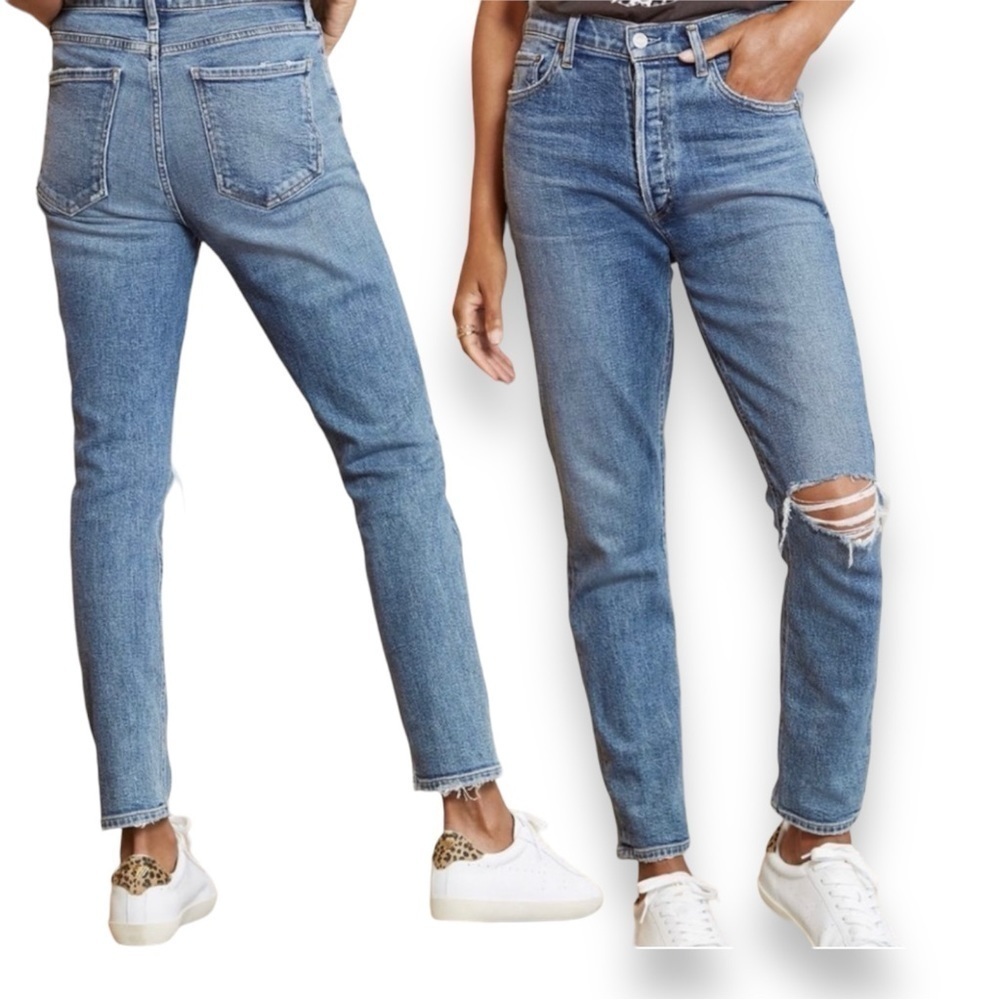 Agolde Nico Jeans High Rise Button Fly Raw Hem Distressed Straight Leg Sz 00/24